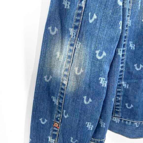 True Religion Monogram Blue Denim Trucker Jacket Mens Size XL - Picture 9 of 13